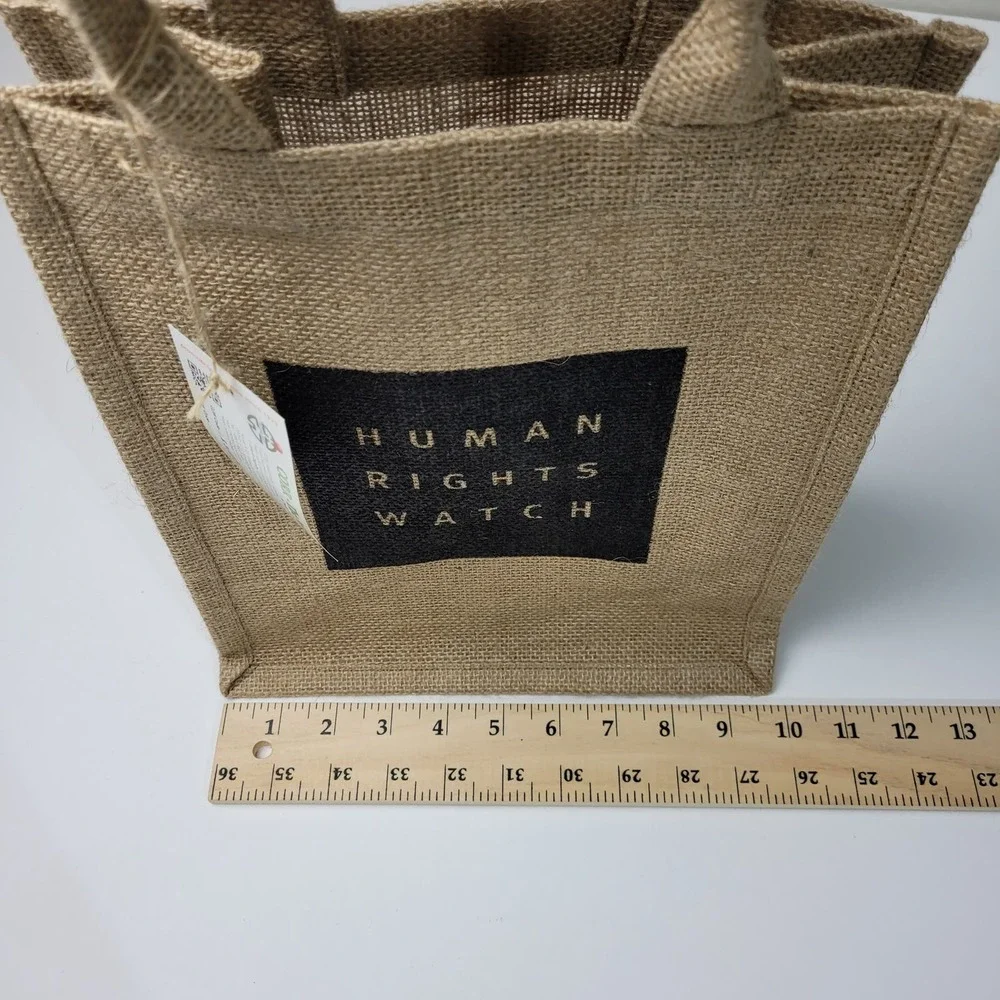 Burlap Bag Human Rights Watch Brown Black Minimalist Casual Open Hand Bag Tote - Picture 2 of 8